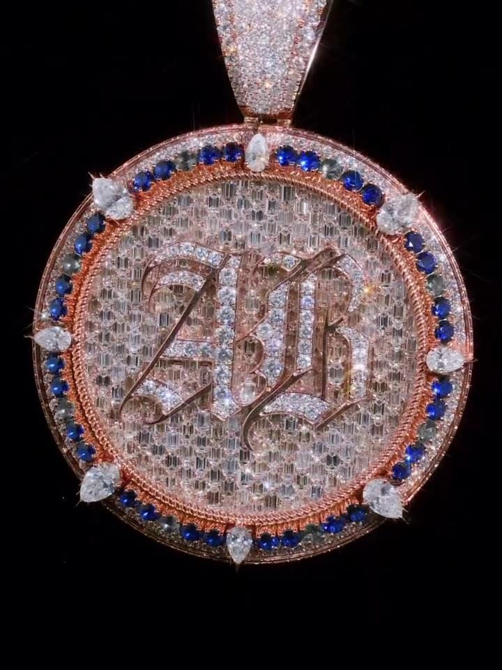 Custom Iced Out Monogram Medallion Pendant, Moissanite & Gemstones, Rose Gold Plated 925 Silver, Personalized Hip Hop Jewelry