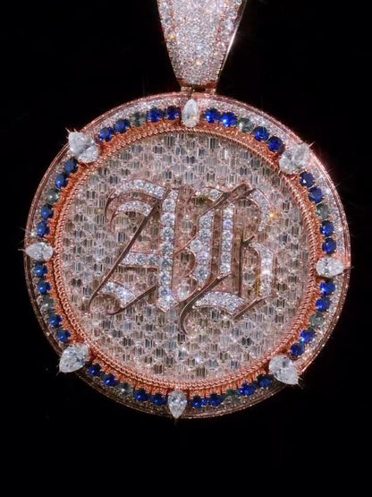 Custom Iced Out Monogram Medallion Pendant, Moissanite & Gemstones, Rose Gold Plated 925 Silver, Personalized Hip Hop Jewelry
