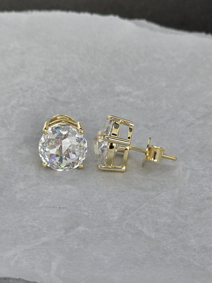 12mm Jumbo Moissanite Stud Earrings, D Color VVS1 Round Jubilee Cut, 12 Carat Total Weight, 925 Sterling Silver / Solid 10K Gold, Basket Set