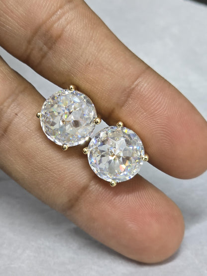 12mm Jumbo Moissanite Stud Earrings, D Color VVS1 Round Jubilee Cut, 12 Carat Total Weight, 925 Sterling Silver / Solid 10K Gold, Basket Set