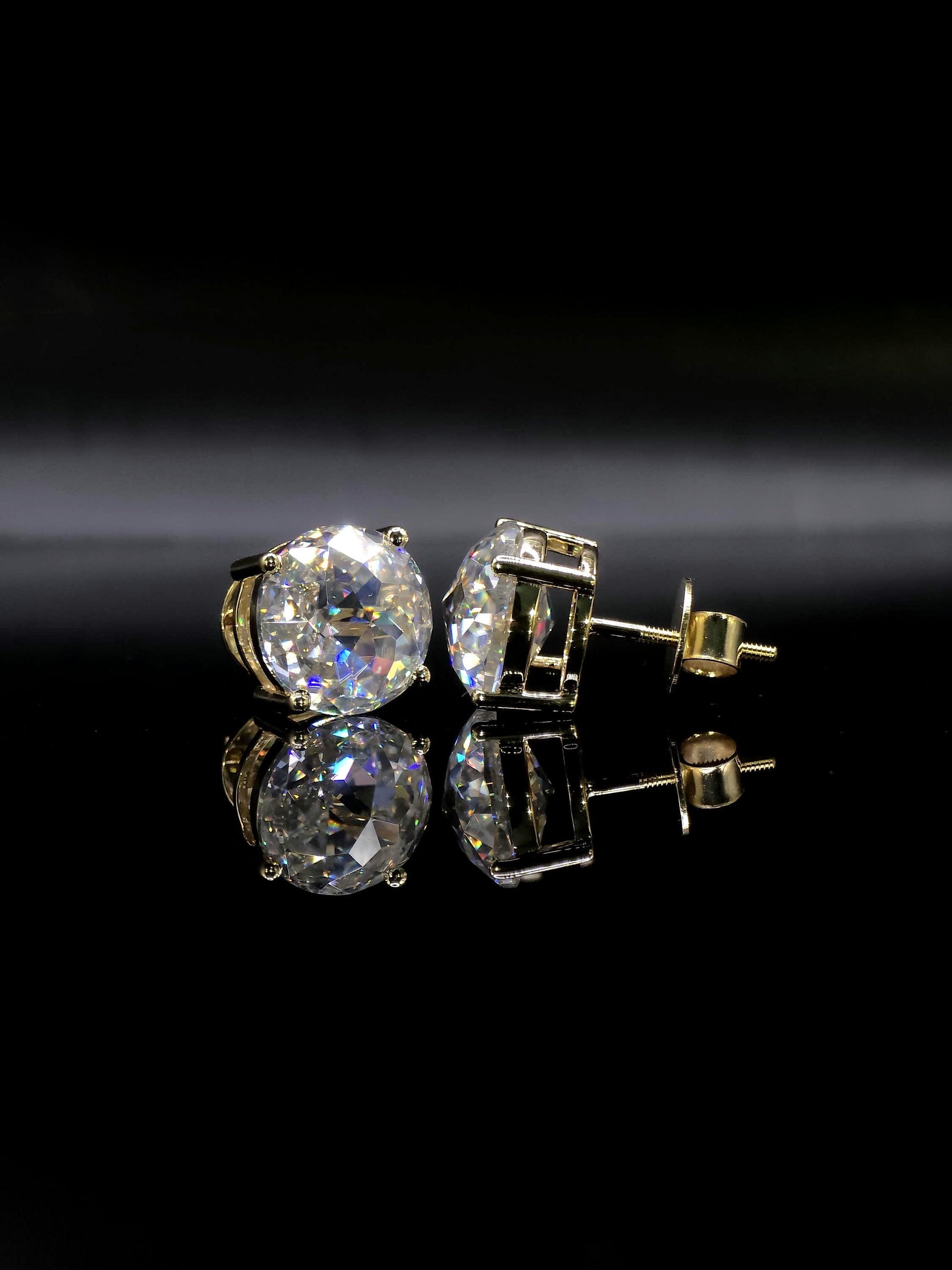 12mm Jumbo Moissanite Stud Earrings, D Color VVS1 Round Jubilee Cut, 12 Carat Total Weight, 925 Sterling Silver / Solid 10K Gold, Basket Set