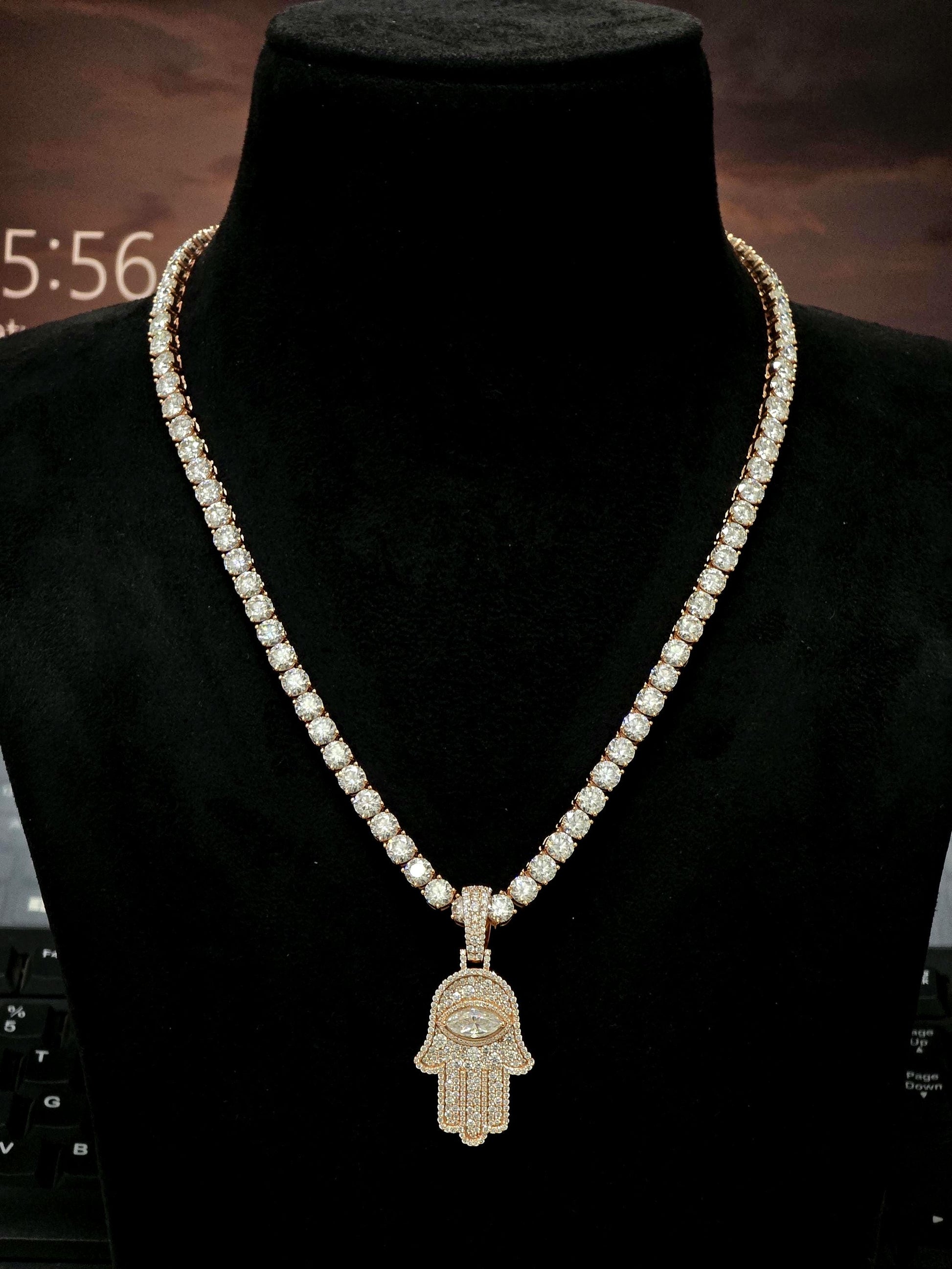 1.5 Inch Hamsa Hand Pendant & 6mm Tennis Necklace Set, VVS1 Moissanite, Solid 925 Sterling Silver, Passes Diamond Tester