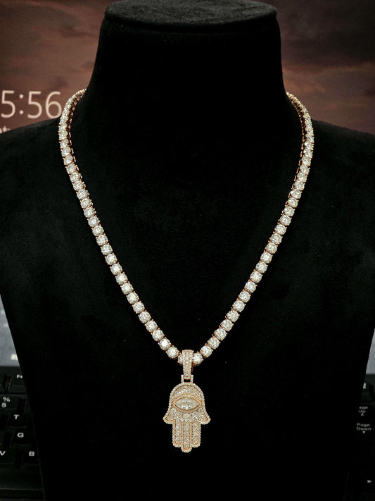 1.5 Inch Hamsa Hand Pendant & 6mm Tennis Necklace Set, VVS1 Moissanite, Solid 925 Sterling Silver, Passes Diamond Tester