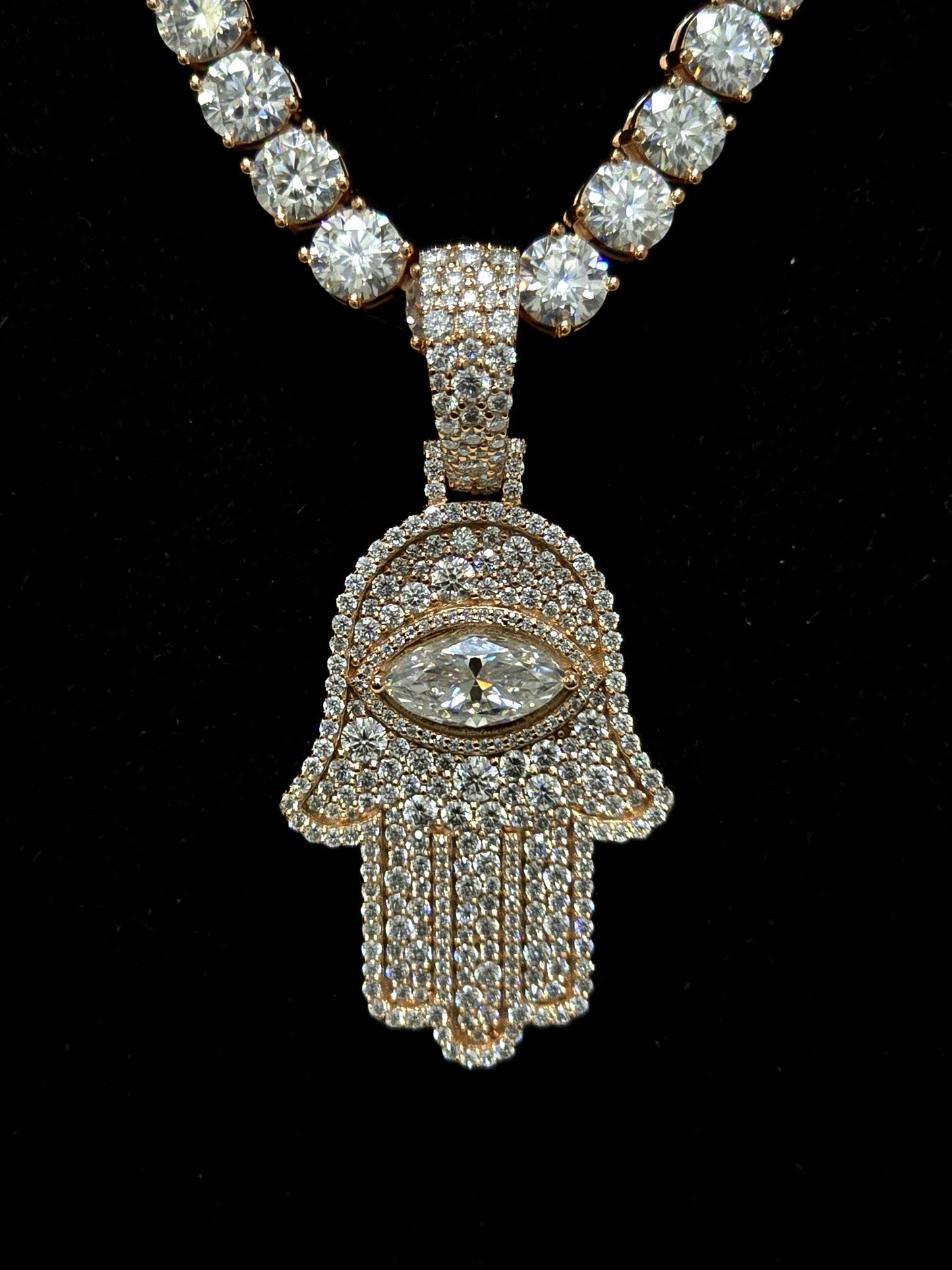 1.5 Inch Hamsa Hand Pendant & 6mm Tennis Necklace Set, VVS1 Moissanite, Solid 925 Sterling Silver, Passes Diamond Tester