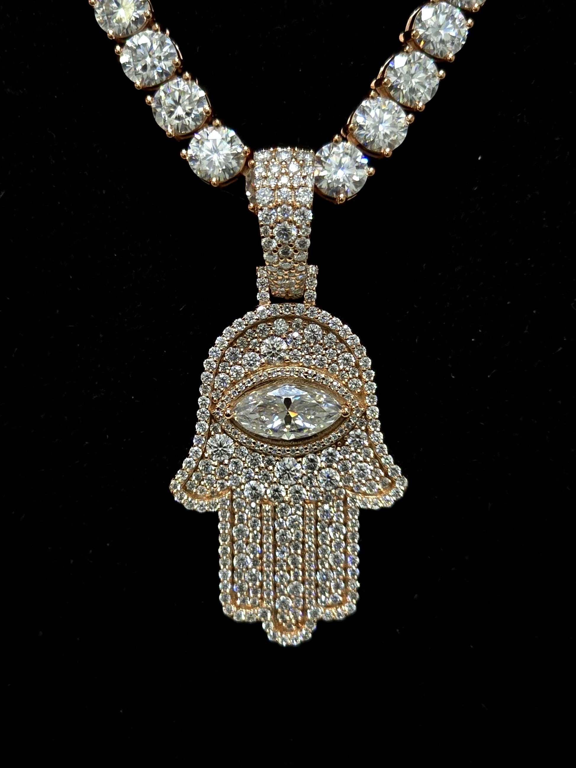 1.5 Inch Hamsa Hand Pendant & 6mm Tennis Necklace Set, VVS1 Moissanite, Solid 925 Sterling Silver, Passes Diamond Tester