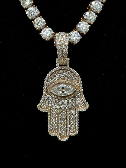 1.5 Inch Hamsa Hand Pendant & 6mm Tennis Necklace Set, VVS1 Moissanite, Solid 925 Sterling Silver, Passes Diamond Tester