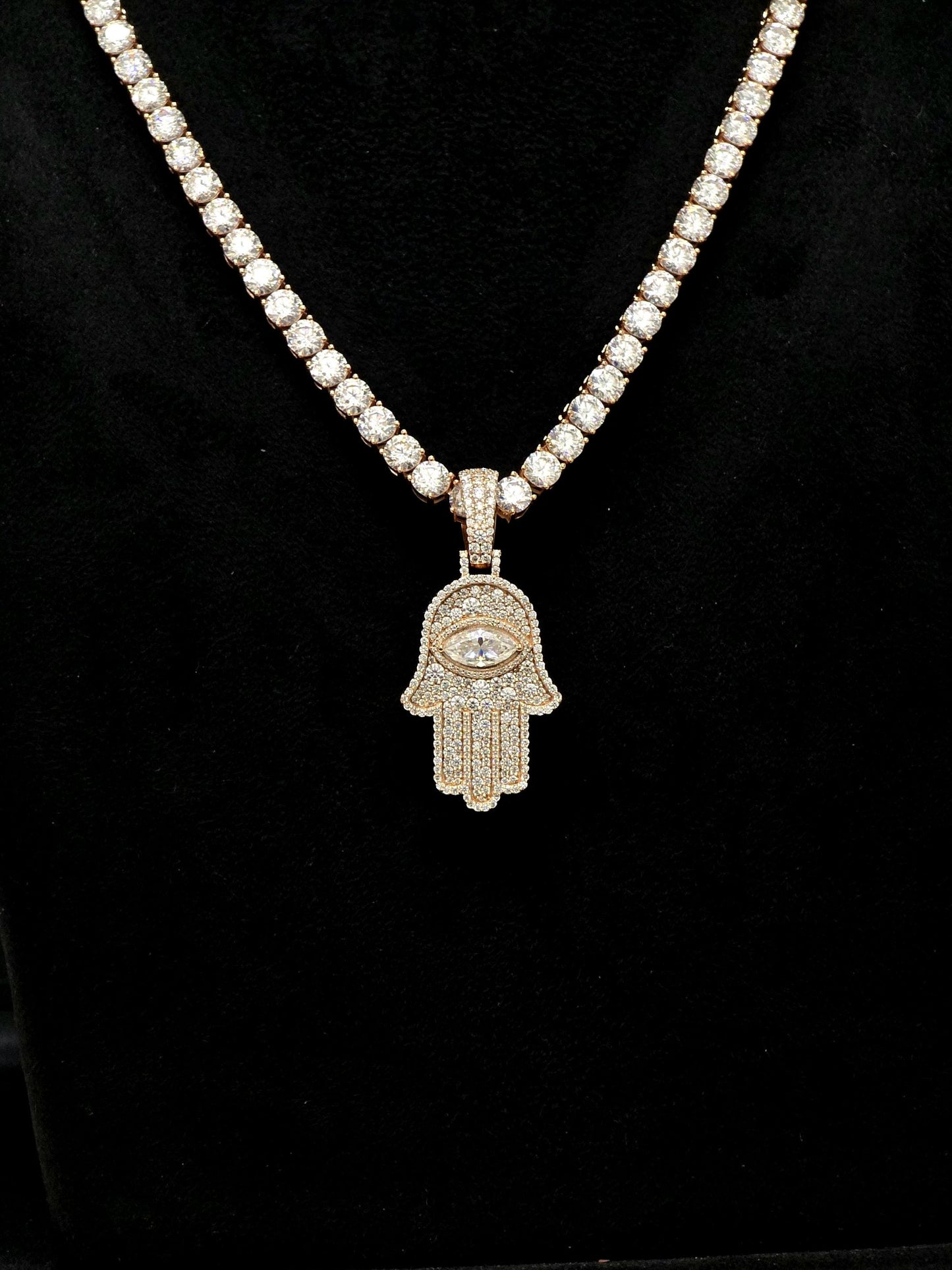 1.5 Inch Hamsa Hand Pendant & 6mm Tennis Necklace Set, VVS1 Moissanite, Solid 925 Sterling Silver, Passes Diamond Tester