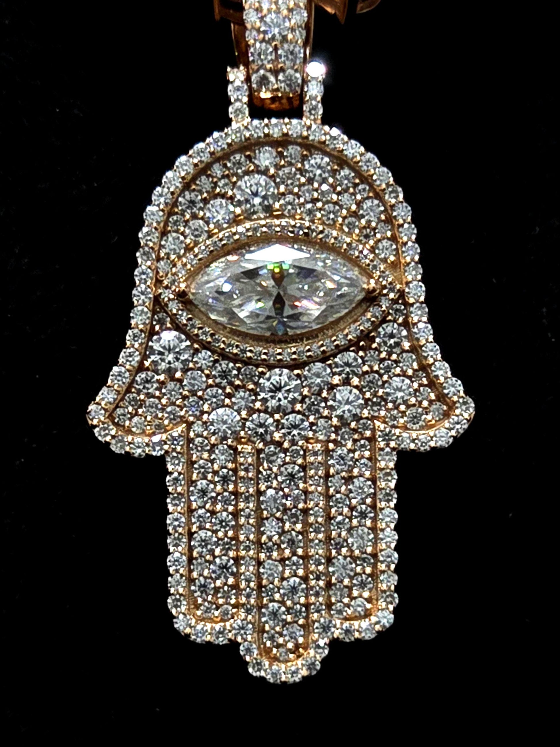 1.5 Inch Hamsa Hand Pendant & 6mm Tennis Necklace Set, VVS1 Moissanite, Solid 925 Sterling Silver, Passes Diamond Tester