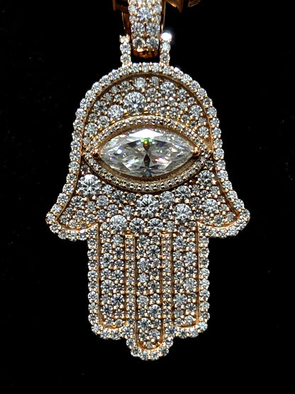 1.5 Inch Hamsa Hand Pendant & 6mm Tennis Necklace Set, VVS1 Moissanite, Solid 925 Sterling Silver, Passes Diamond Tester