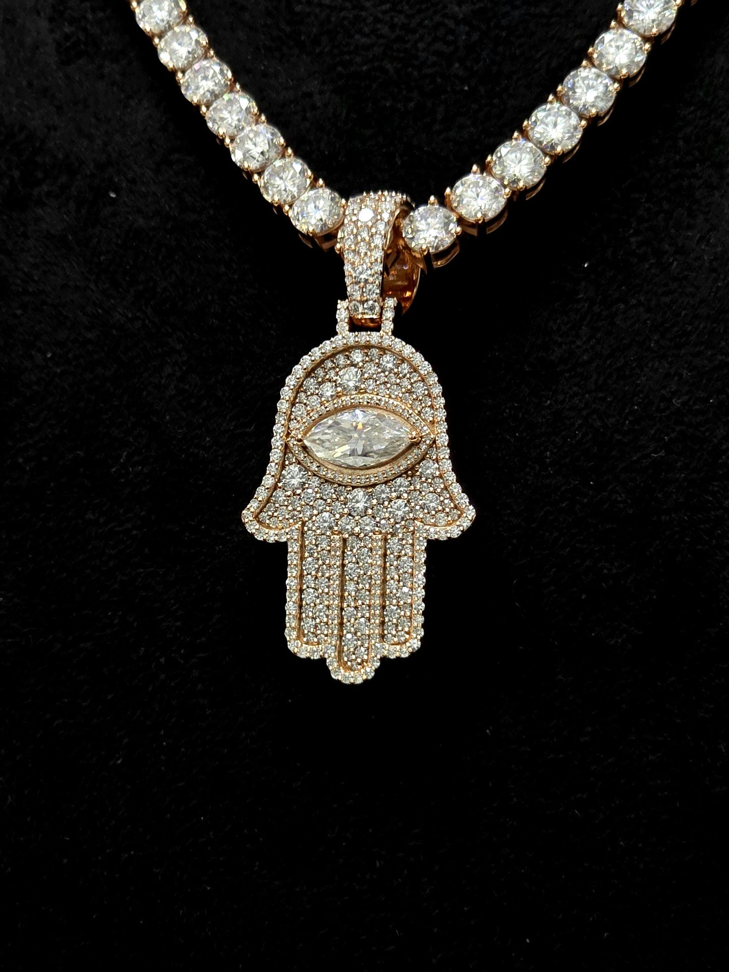 1.5 Inch Hamsa Hand Pendant & 6mm Tennis Necklace Set, VVS1 Moissanite, Solid 925 Sterling Silver, Passes Diamond Tester
