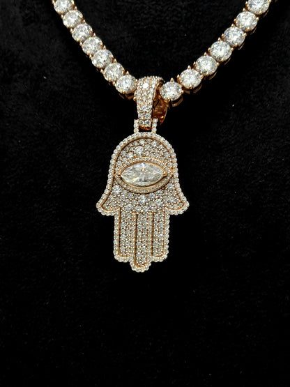 1.5 Inch Hamsa Hand Pendant & 6mm Tennis Necklace Set, VVS1 Moissanite, Solid 925 Sterling Silver, Passes Diamond Tester