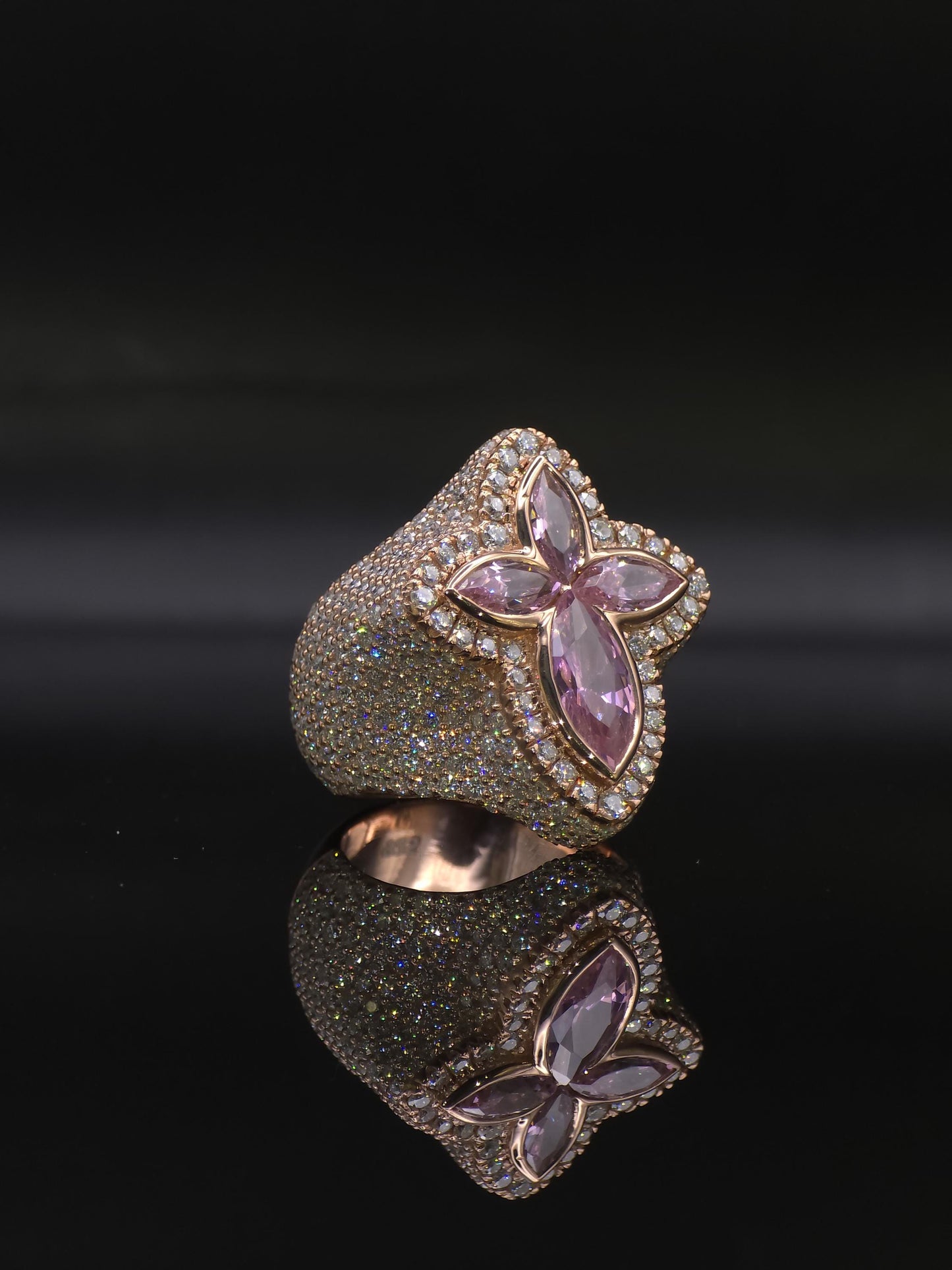 Large Pink Sapphire Cross Ring, VVS1 Moissanite Statement Ring, Rose Gold Plated 925 Silver, Iced Out Men’s Hip Hop Jewelry