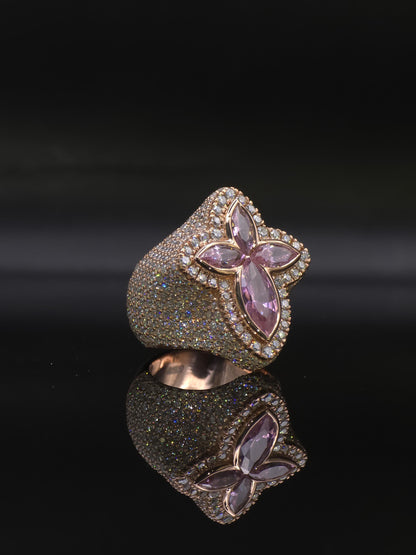 Large Pink Sapphire Cross Ring, VVS1 Moissanite Statement Ring, Rose Gold Plated 925 Silver, Iced Out Men’s Hip Hop Jewelry