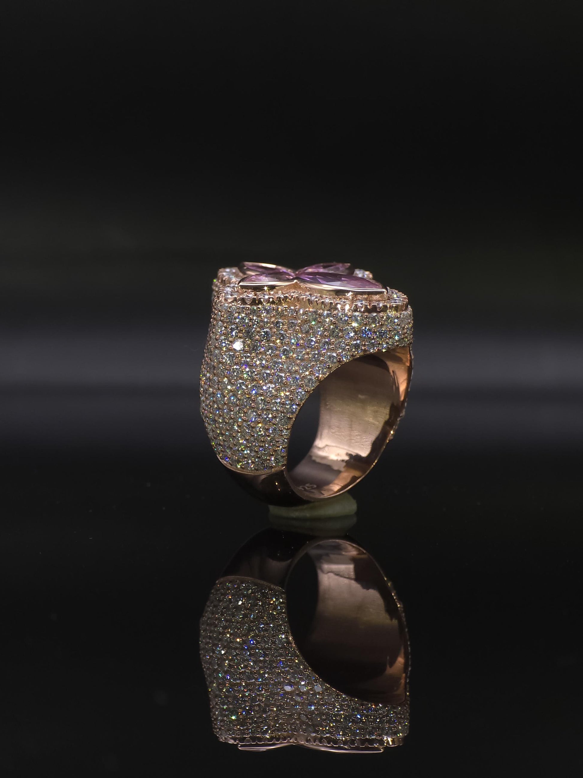 Large Pink Sapphire Cross Ring, VVS1 Moissanite Statement Ring, Rose Gold Plated 925 Silver, Iced Out Men’s Hip Hop Jewelry