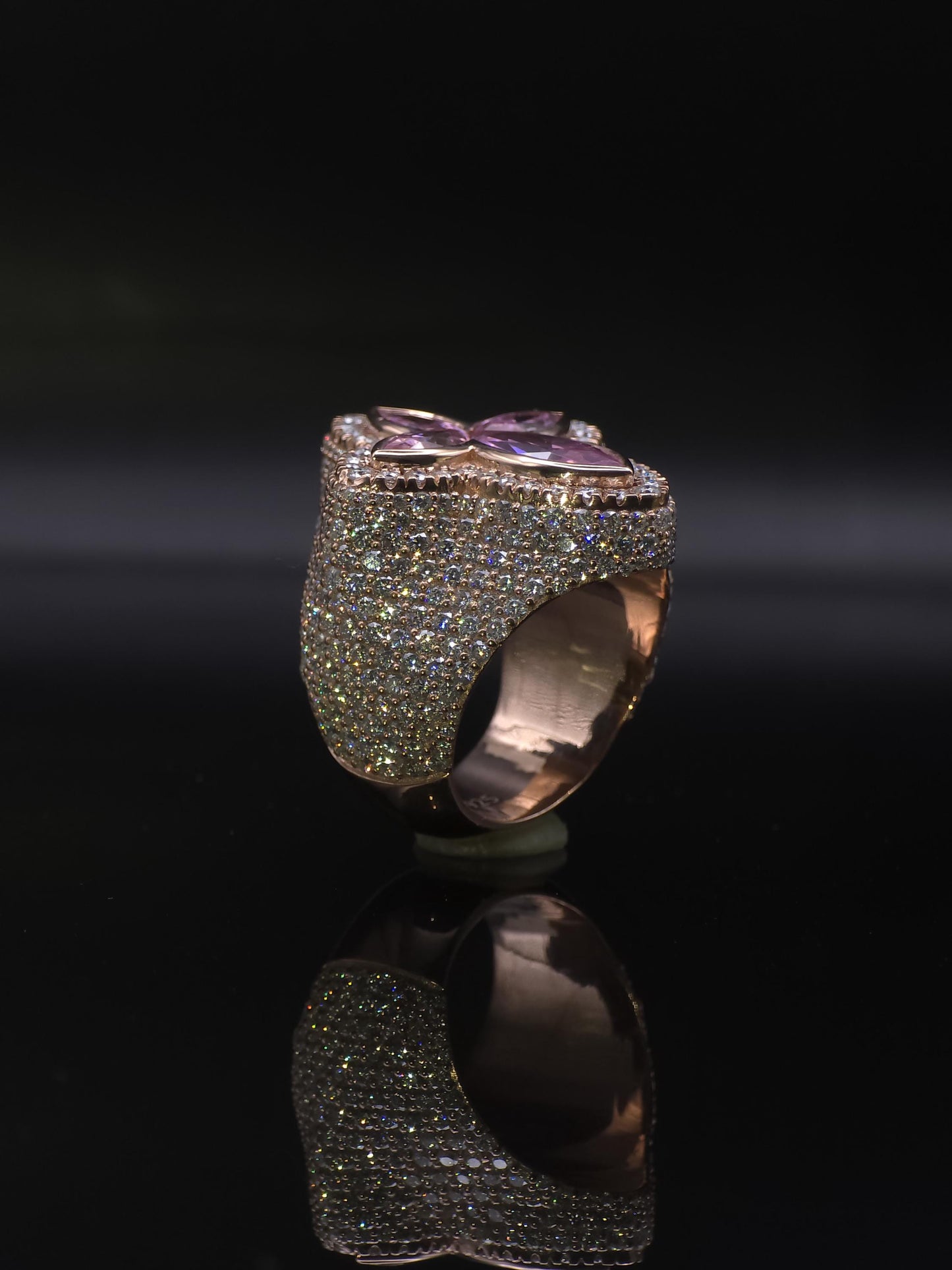 Large Pink Sapphire Cross Ring, VVS1 Moissanite Statement Ring, Rose Gold Plated 925 Silver, Iced Out Men’s Hip Hop Jewelry