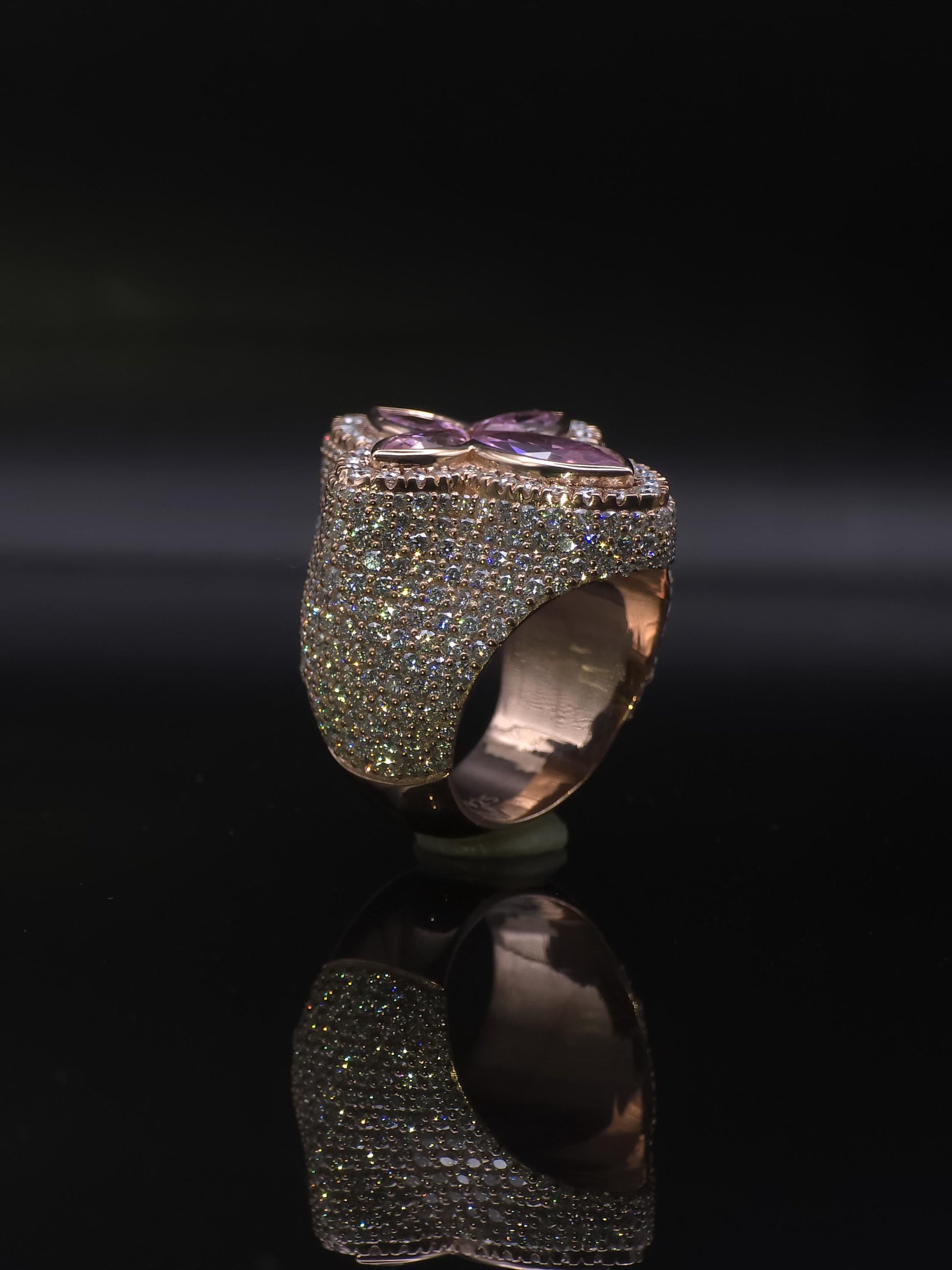 Large Pink Sapphire Cross Ring, VVS1 Moissanite Statement Ring, Rose Gold Plated 925 Silver, Iced Out Men’s Hip Hop Jewelry