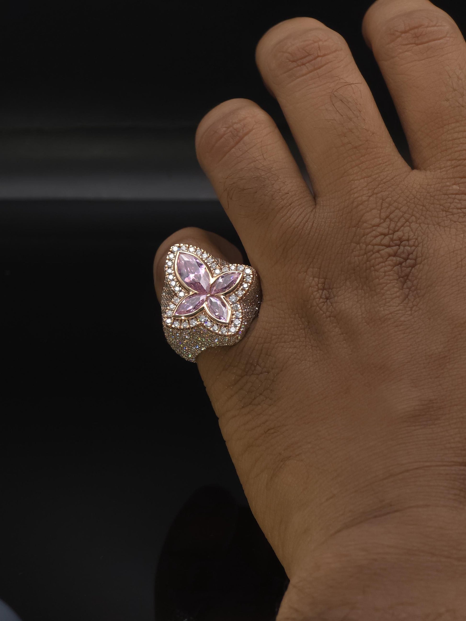 Large Pink Sapphire Cross Ring, VVS1 Moissanite Statement Ring, Rose Gold Plated 925 Silver, Iced Out Men’s Hip Hop Jewelry