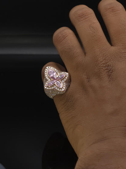 Large Pink Sapphire Cross Ring, VVS1 Moissanite Statement Ring, Rose Gold Plated 925 Silver, Iced Out Men’s Hip Hop Jewelry