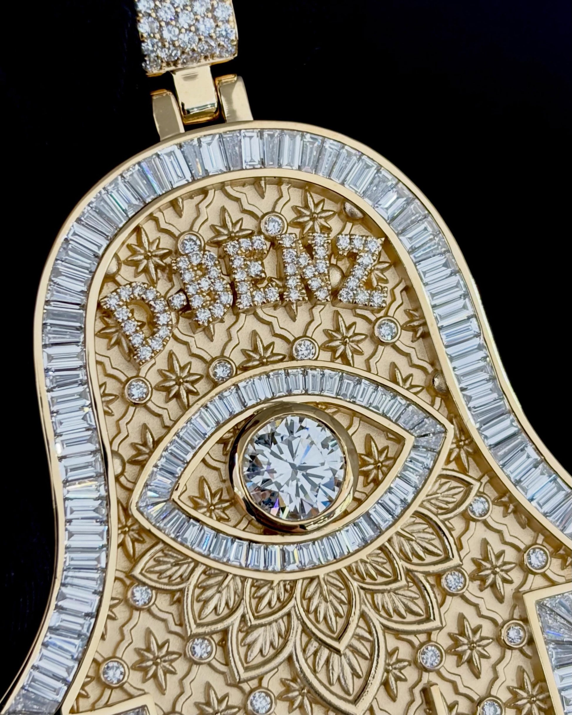 2.5 in Personalized Hamsa Hand Pendant, Custom Name, Moissanite Evil Eye Necklace, Baguette Iced Hip Hop Jewelry