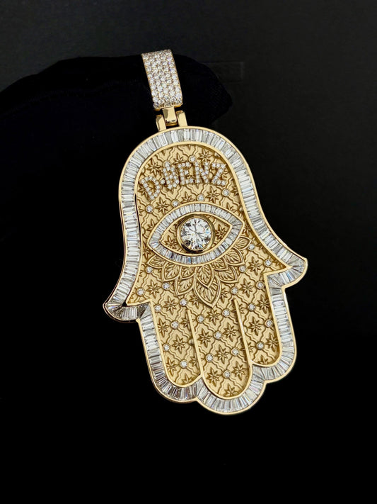 2.5 in Personalized Hamsa Hand Pendant, Custom Name, Moissanite Evil Eye Necklace, Baguette Iced Hip Hop Jewelry