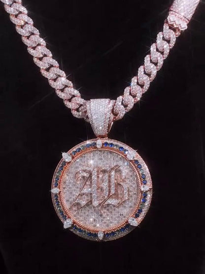 Custom Iced Out Monogram Medallion Pendant, Moissanite & Gemstones, Rose Gold Plated 925 Silver, Personalized Hip Hop Jewelry