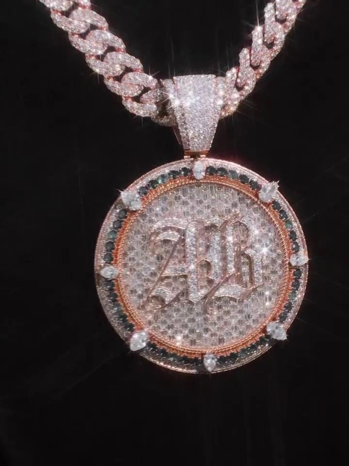 Custom Iced Out Monogram Medallion Pendant, Moissanite & Gemstones, Rose Gold Plated 925 Silver, Personalized Hip Hop Jewelry