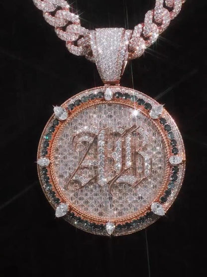Custom Iced Out Monogram Medallion Pendant, Moissanite & Gemstones, Rose Gold Plated 925 Silver, Personalized Hip Hop Jewelry