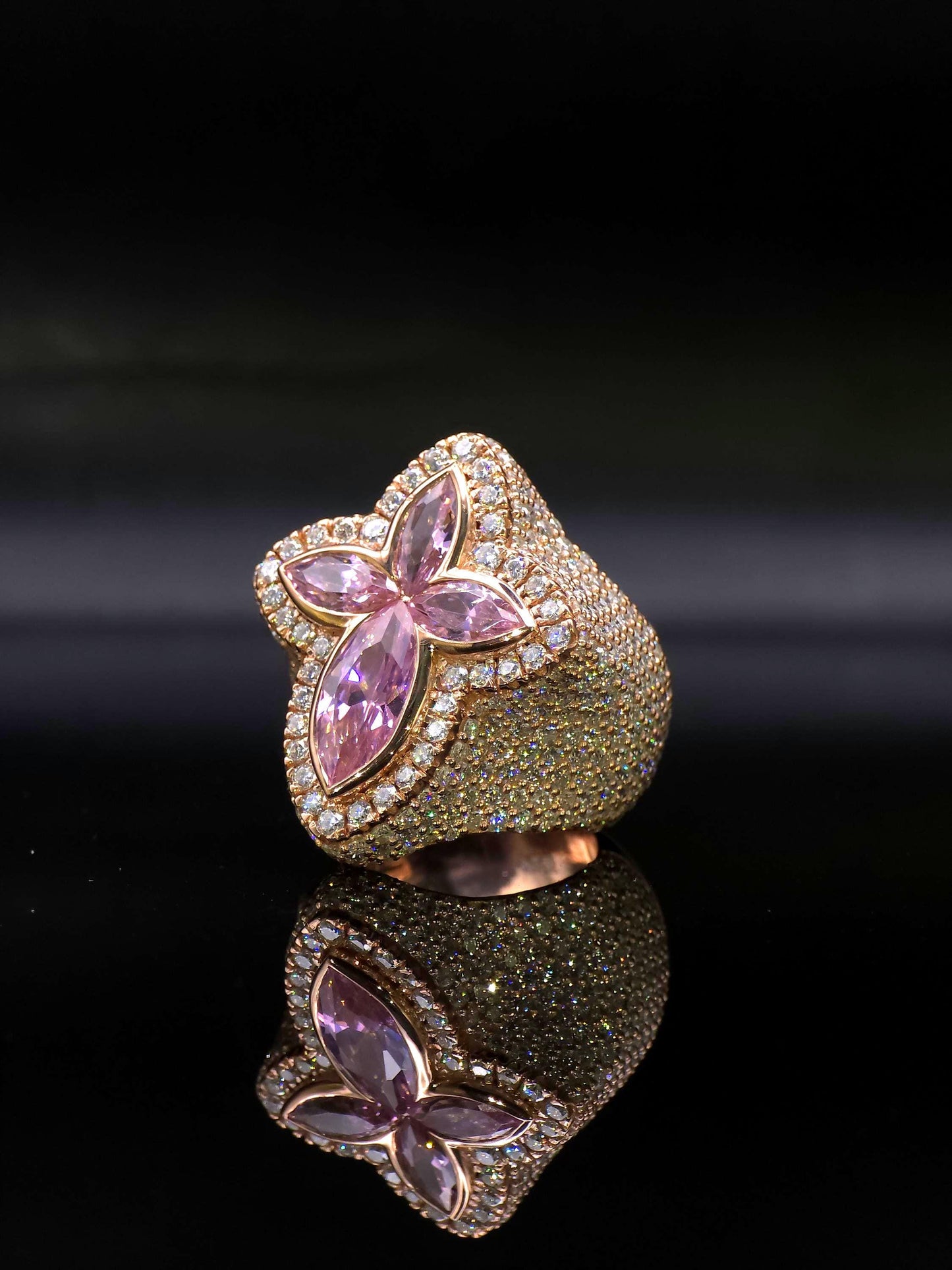 Large Pink Sapphire Cross Ring, VVS1 Moissanite Statement Ring, Rose Gold Plated 925 Silver, Iced Out Men’s Hip Hop Jewelry