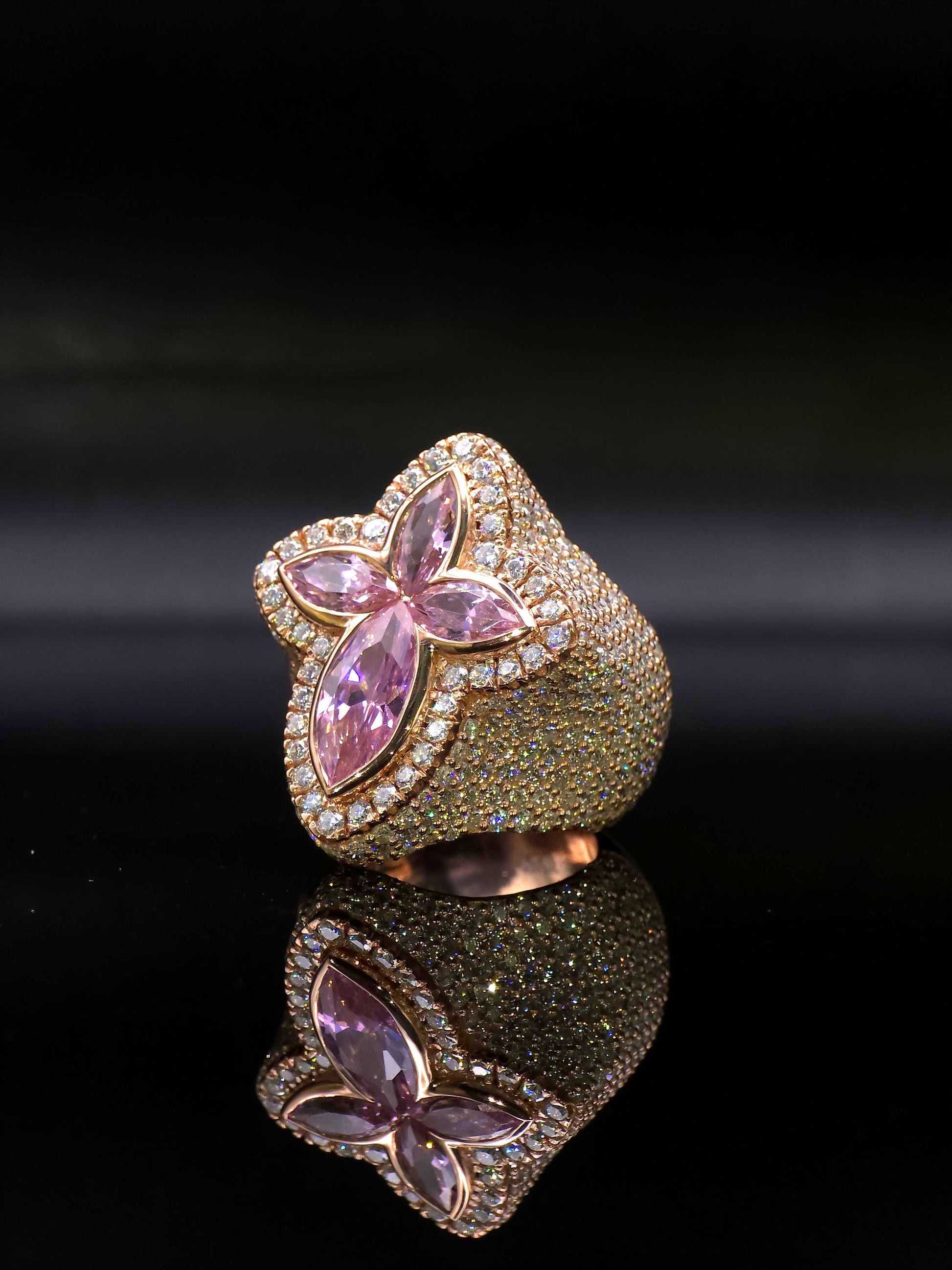 Large Pink Sapphire Cross Ring, VVS1 Moissanite Statement Ring, Rose Gold Plated 925 Silver, Iced Out Men’s Hip Hop Jewelry