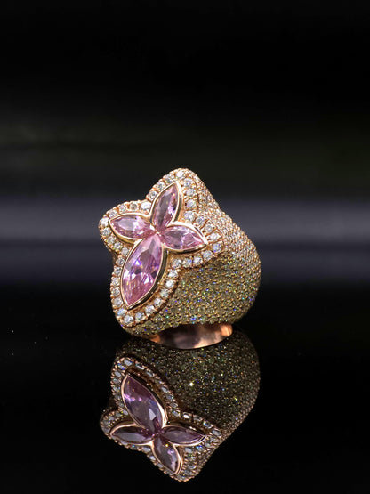 Large Pink Sapphire Cross Ring, VVS1 Moissanite Statement Ring, Rose Gold Plated 925 Silver, Iced Out Men’s Hip Hop Jewelry