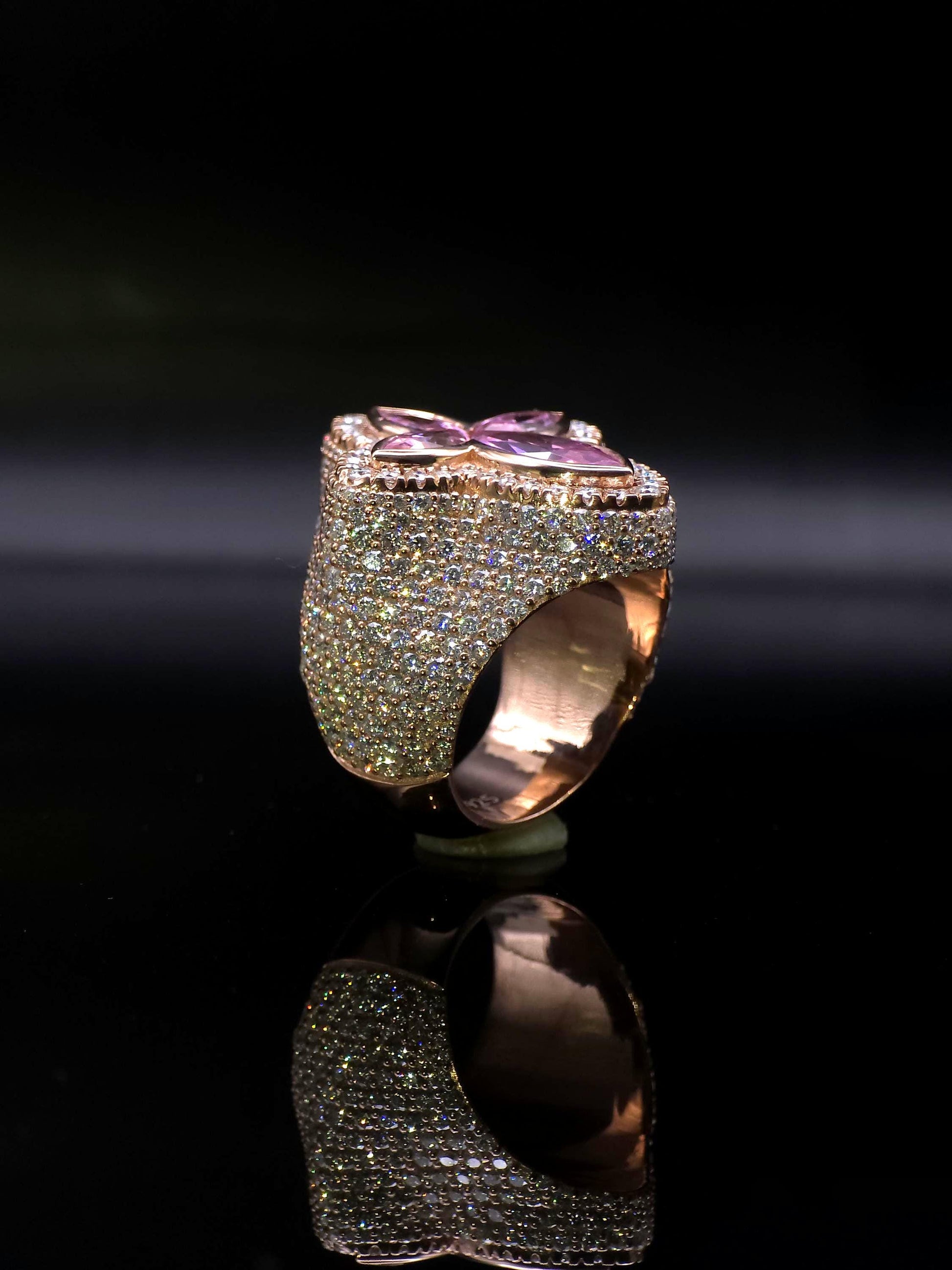 Large Pink Sapphire Cross Ring, VVS1 Moissanite Statement Ring, Rose Gold Plated 925 Silver, Iced Out Men’s Hip Hop Jewelry