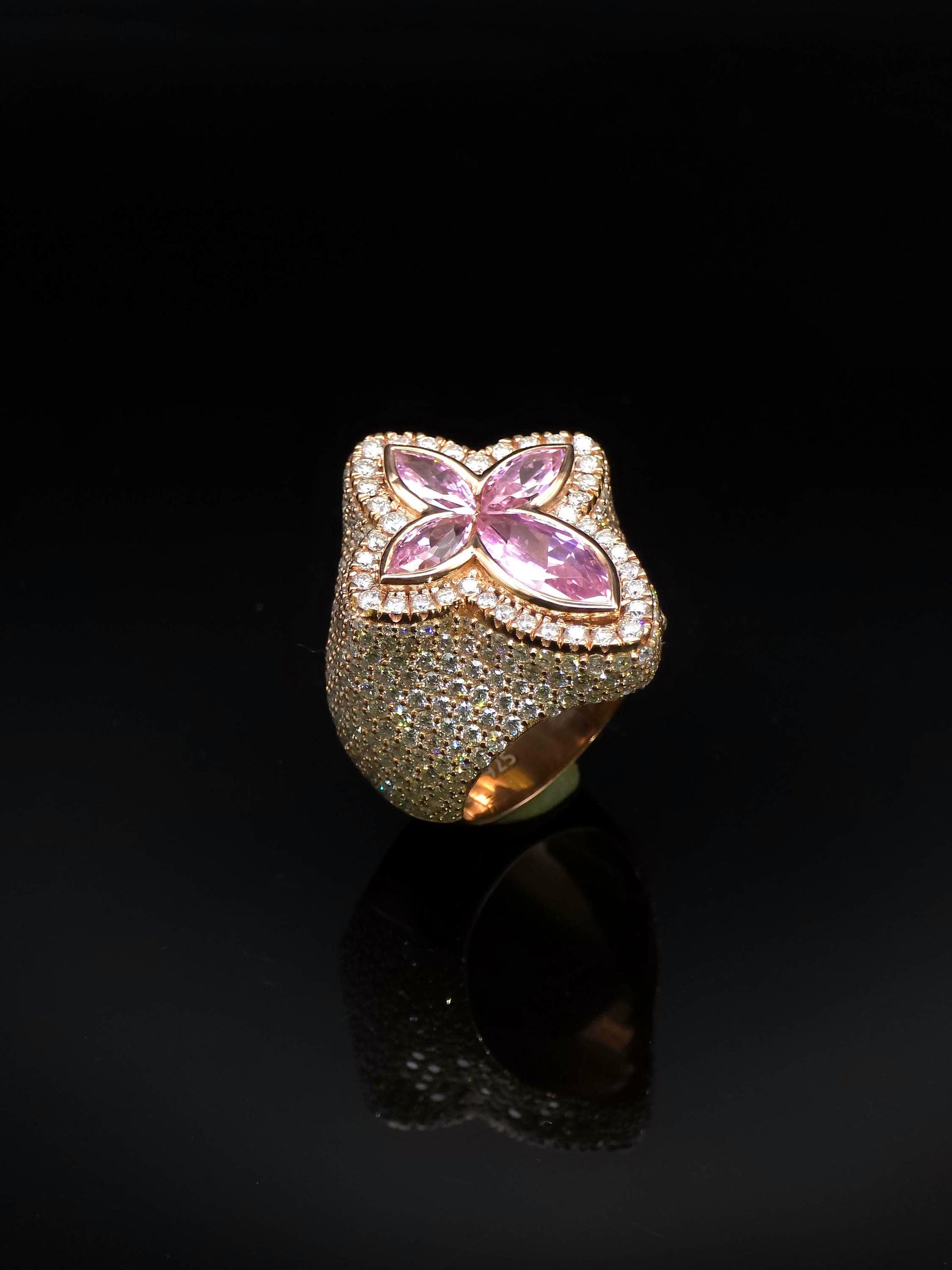 Large Pink Sapphire Cross Ring, VVS1 Moissanite Statement Ring, Rose Gold Plated 925 Silver, Iced Out Men’s Hip Hop Jewelry