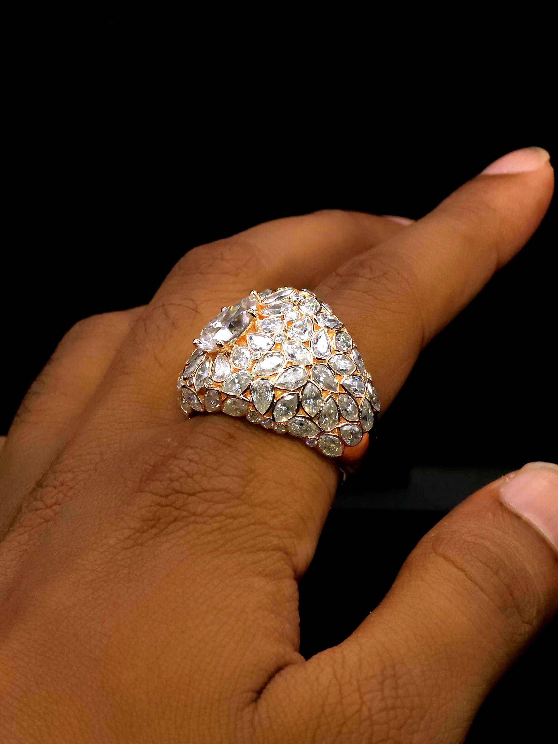 3ct Pear Moissanite Pinky Ring, Rose Gold Iced Out Hip Hop Ring, Pear & Marquise Cluster Bling, Rapper Statement Jewelry