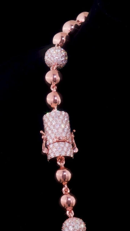 Iced Out Ball Chain Necklace, 10mm Moissanite & 7mm Polished Balls, 925 Sterling Silver, Rose Gold Hip Hop Chain