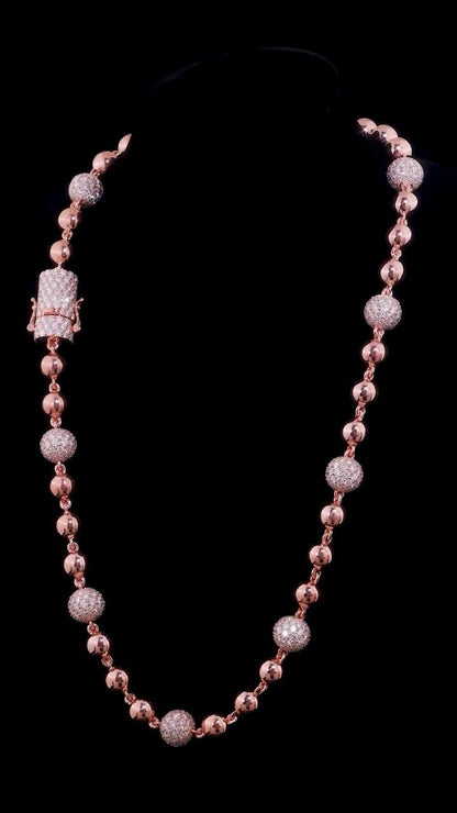 Iced Out Ball Chain Necklace, 10mm Moissanite & 7mm Polished Balls, 925 Sterling Silver, Rose Gold Hip Hop Chain
