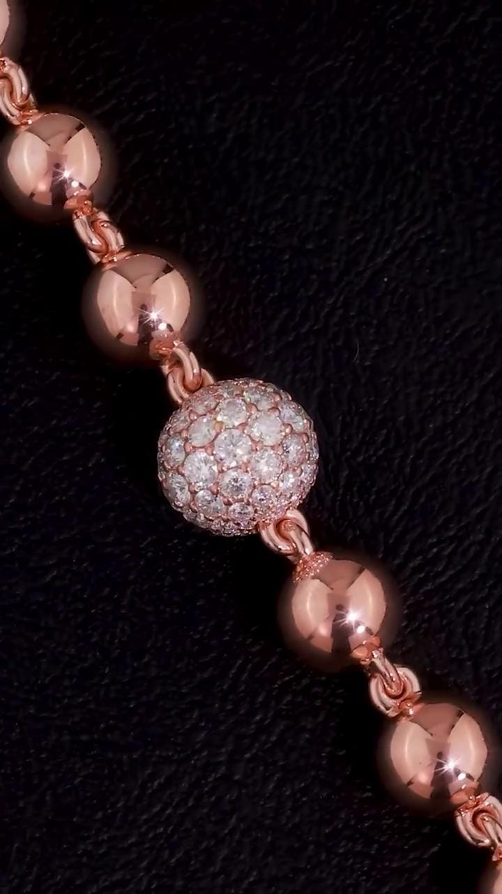 Iced Out Ball Chain Necklace, 10mm Moissanite & 7mm Polished Balls, 925 Sterling Silver, Rose Gold Hip Hop Chain