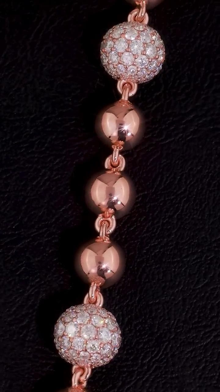 Iced Out Ball Chain Necklace, 10mm Moissanite & 7mm Polished Balls, 925 Sterling Silver, Rose Gold Hip Hop Chain
