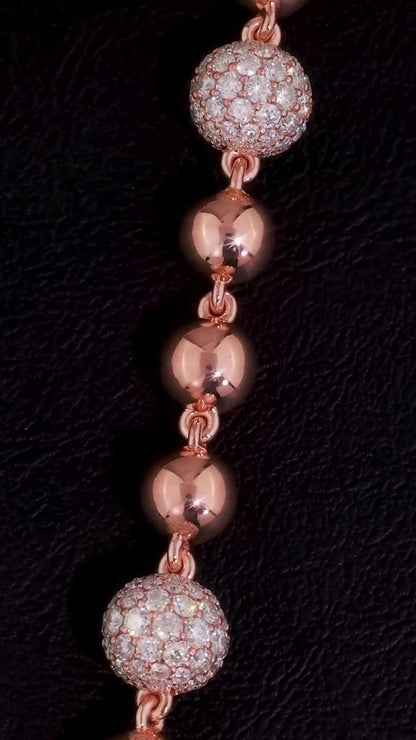 Iced Out Ball Chain Necklace, 10mm Moissanite & 7mm Polished Balls, 925 Sterling Silver, Rose Gold Hip Hop Chain