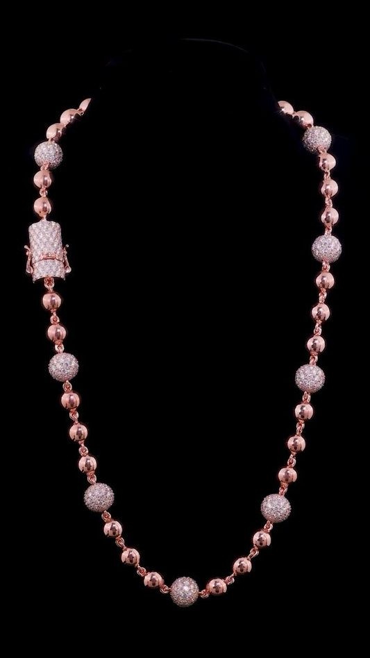 Iced Out Ball Chain Necklace, 10mm Moissanite & 7mm Polished Balls, 925 Sterling Silver, Rose Gold Hip Hop Chain