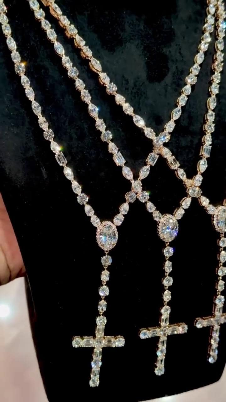 Multi-shape Rosary necklace, 5mm 24inch, D Color VVS1 moissanite, Gold Plated 925 Sterling Silver, Passes Diamond Tester