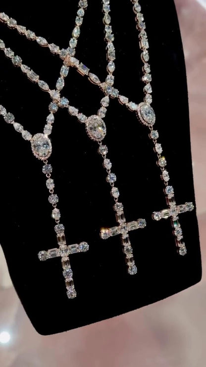Multi-shape Rosary necklace, 5mm 24inch, D Color VVS1 moissanite, Gold Plated 925 Sterling Silver, Passes Diamond Tester
