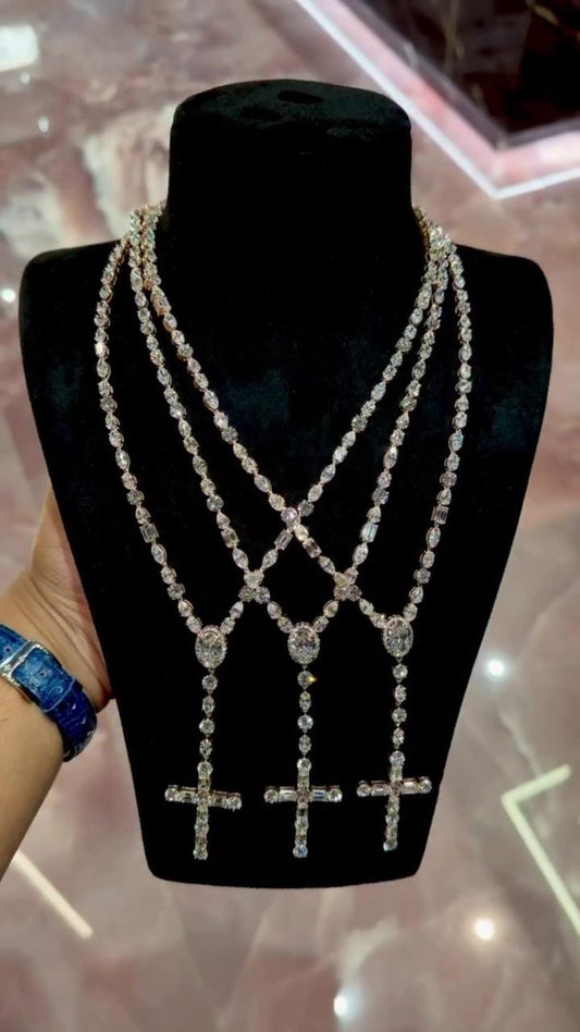 Multi-shape Rosary necklace, 5mm 24inch, D Color VVS1 moissanite, Gold Plated 925 Sterling Silver, Passes Diamond Tester