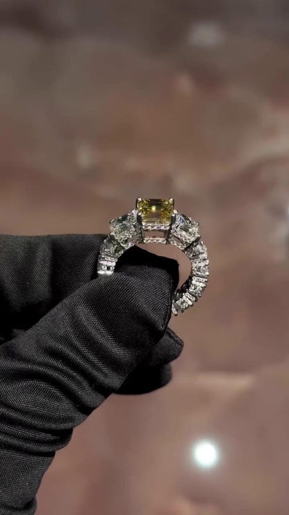 Yellow Asscher Cut Moissanite Ring, White Asscher & Pear Eternity Band, VVS1 925 Silver Statement Ring, 925 Sterling Silver