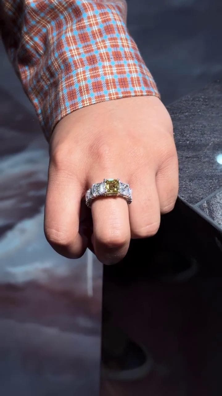 Yellow Asscher Cut Moissanite Ring, White Asscher & Pear Eternity Band, VVS1 925 Silver Statement Ring, 925 Sterling Silver