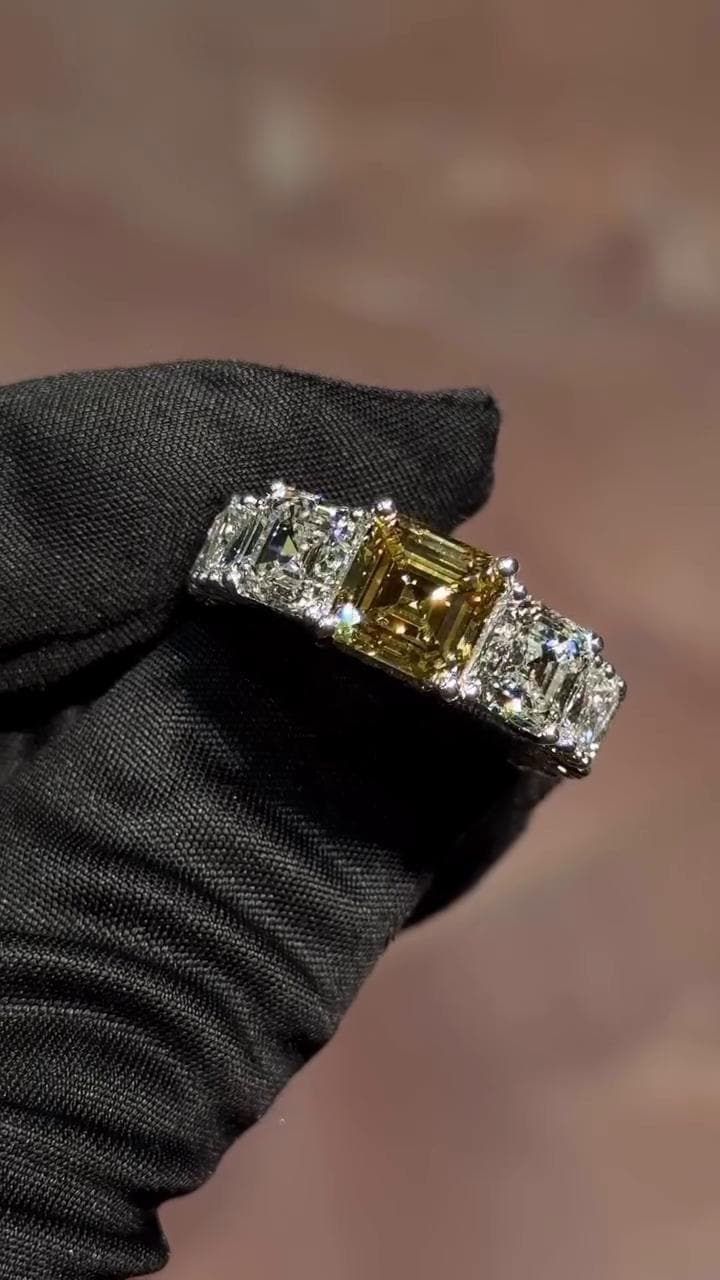 Yellow Asscher Cut Moissanite Ring, White Asscher & Pear Eternity Band, VVS1 925 Silver Statement Ring, 925 Sterling Silver