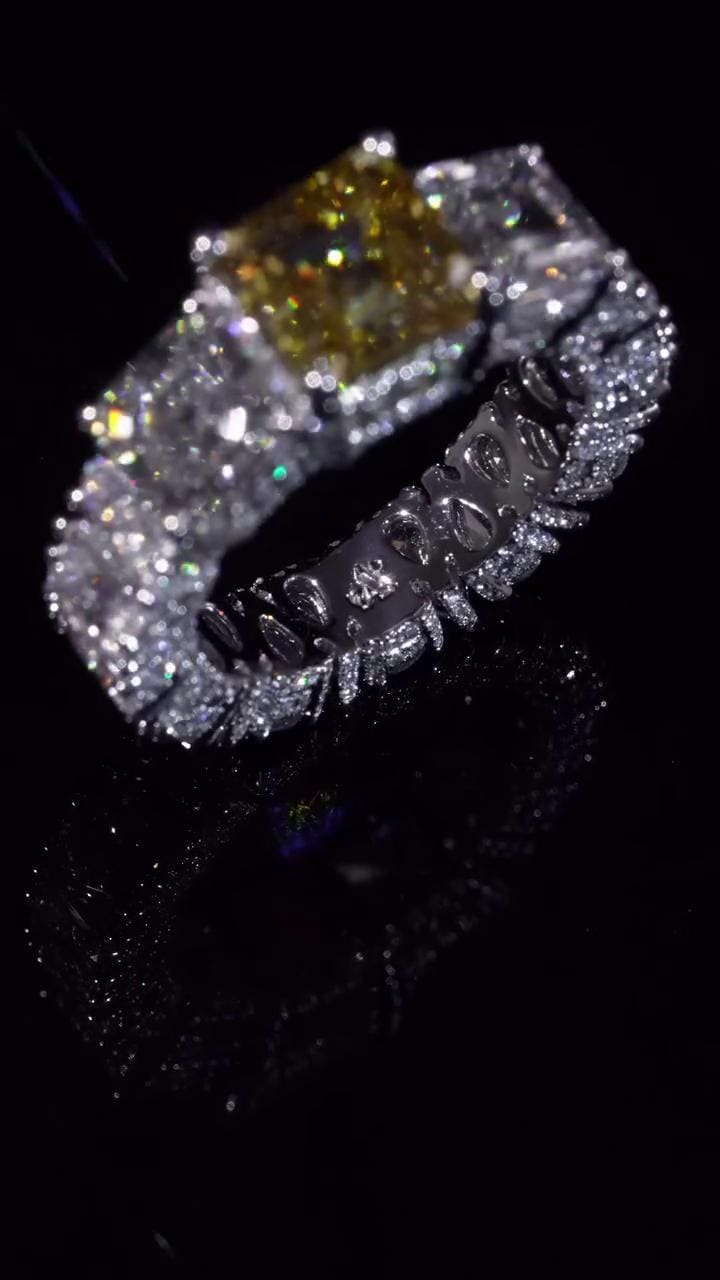 Yellow Asscher Cut Moissanite Ring, White Asscher & Pear Eternity Band, VVS1 925 Silver Statement Ring, 925 Sterling Silver