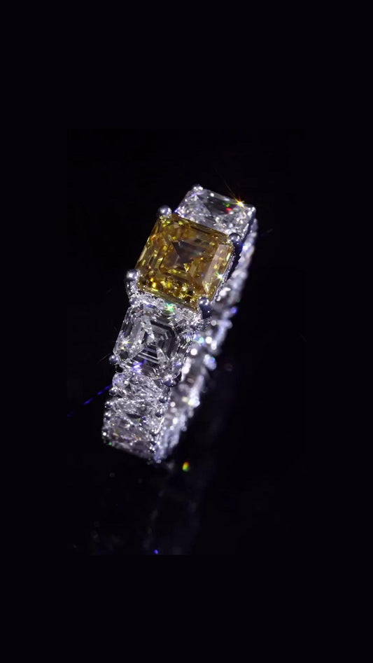 Yellow Asscher Cut Moissanite Ring, White Asscher & Pear Eternity Band, VVS1 925 Silver Statement Ring, 925 Sterling Silver