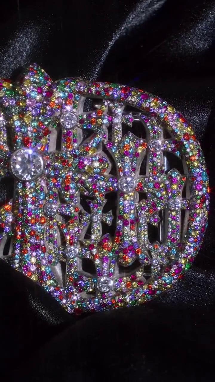 Multicolor CZ Gothic Cross Belt Buckle, 925 Sterling Silver Cemetery Buckle, Rainbow Iced Out Hip Hop Buckle, Custom Men’s Jewelry