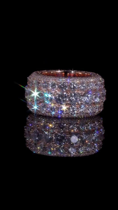 Wide Eternity Band Ring, Multi Row VVS1 Moissanite, Rose Gold Plated 925 Silver, Iced Out Hip Hop Statement Ring