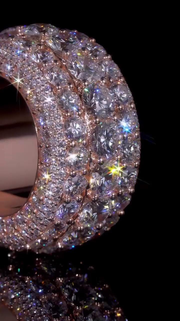 Wide Eternity Band Ring, Multi Row VVS1 Moissanite, Rose Gold Plated 925 Silver, Iced Out Hip Hop Statement Ring
